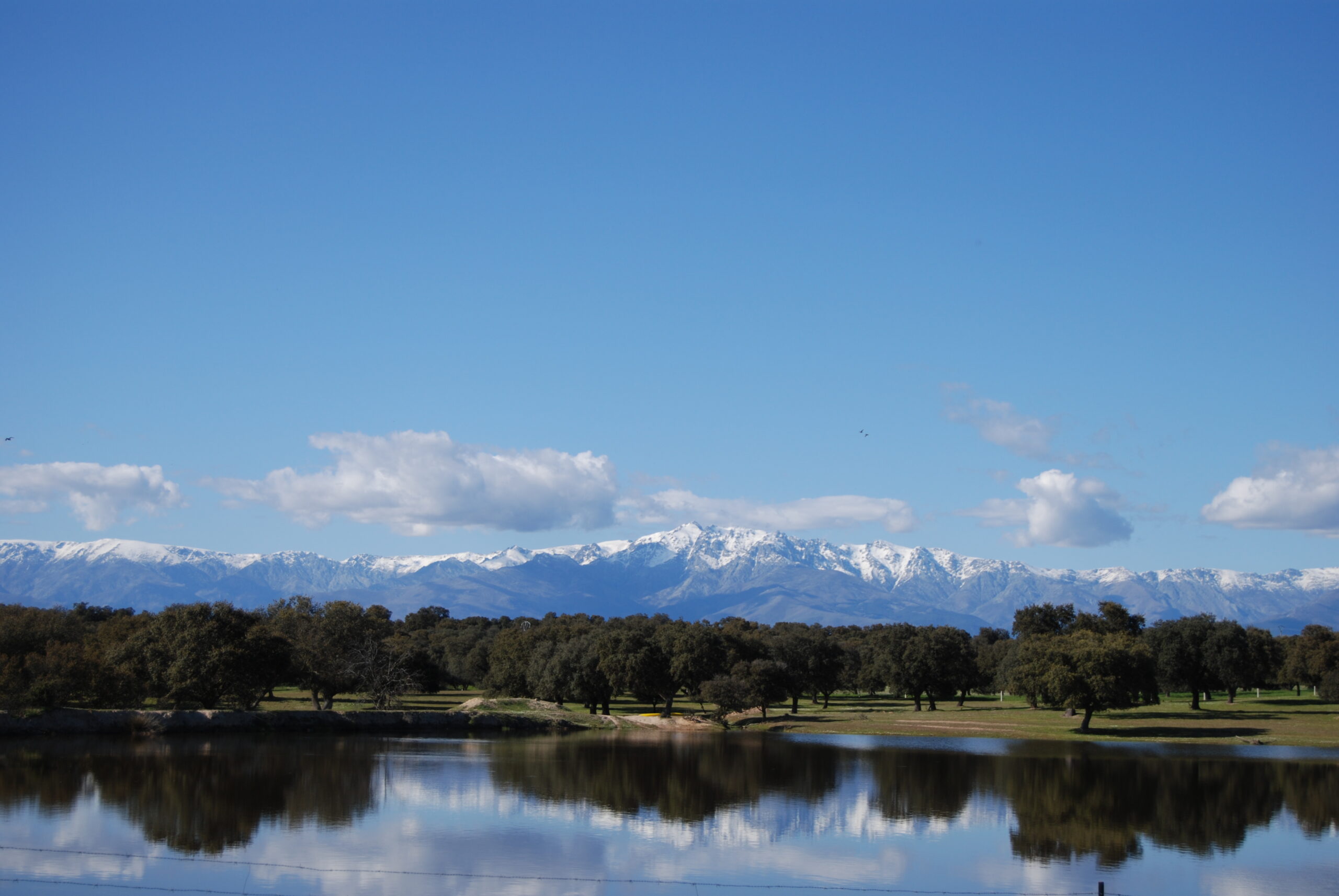 Paisaje con lago y montañas de Oropesa donde encontrarás el mejor queso curado de España.